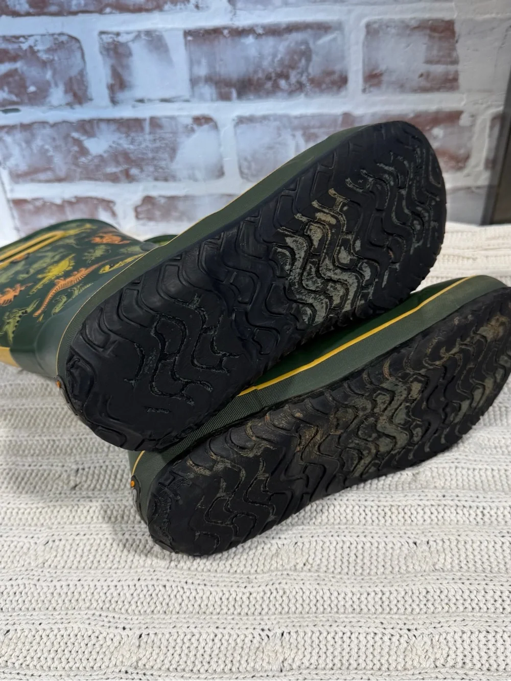 Bogs Kids Dark Green Rain Boots with Yellow and Orange Dinosaur Print